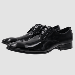 a mens patent leather dress shoe with black laces