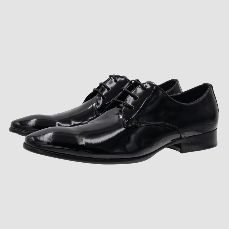 a side view of the martino carolus mens formal show in black patent finish