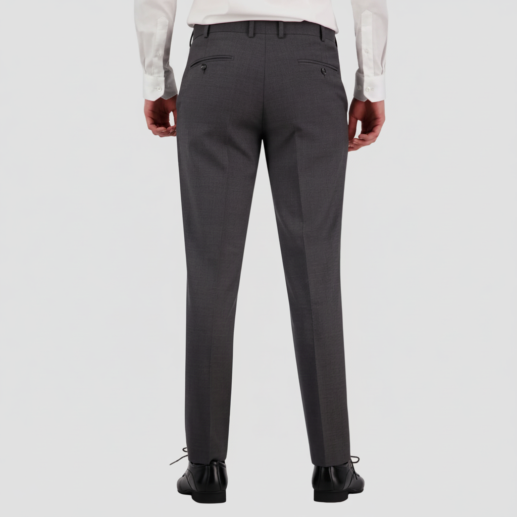 Mens classic fit suit trouser by Savile Row in a medium grey shade with a white shirt and black leather dress shoes.