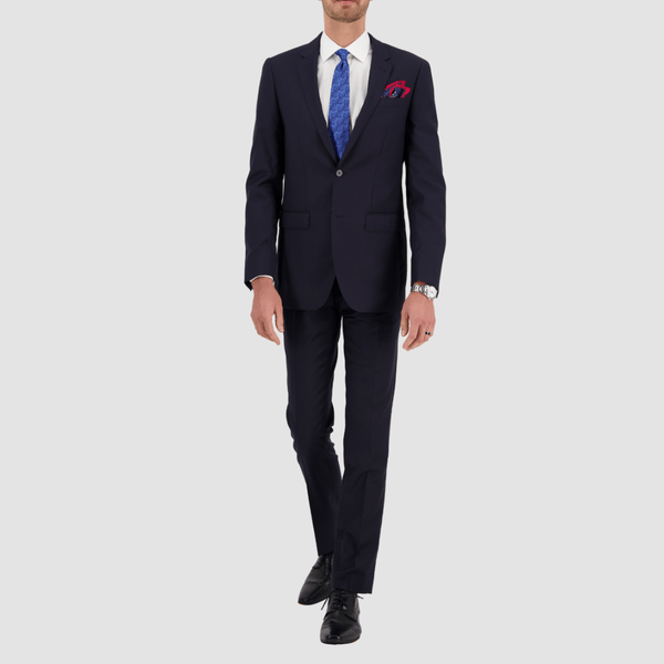 mens tailored fit navy blue suit with white shirt and blue tie