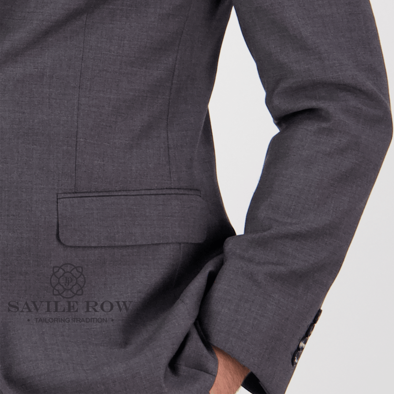 close up of the suit jacket sleeve and jacket pocket on the d8 grey abram suit