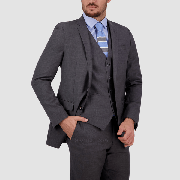the abram suit jacket with the matching saul suit vest underneath creating a three piece mens suit