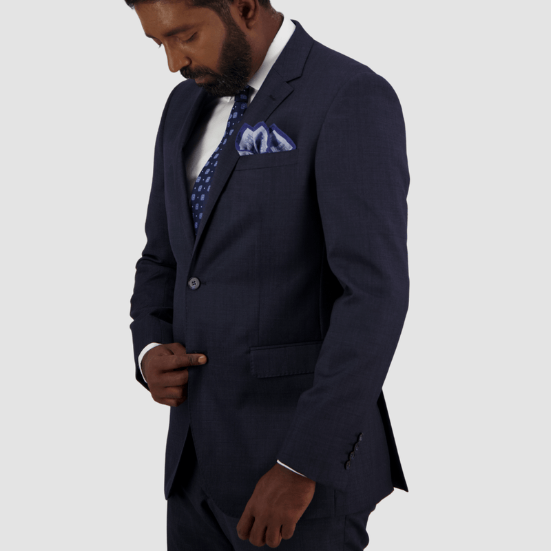the side of the mens navy blue abram suit jacket with two button front and tailored fit