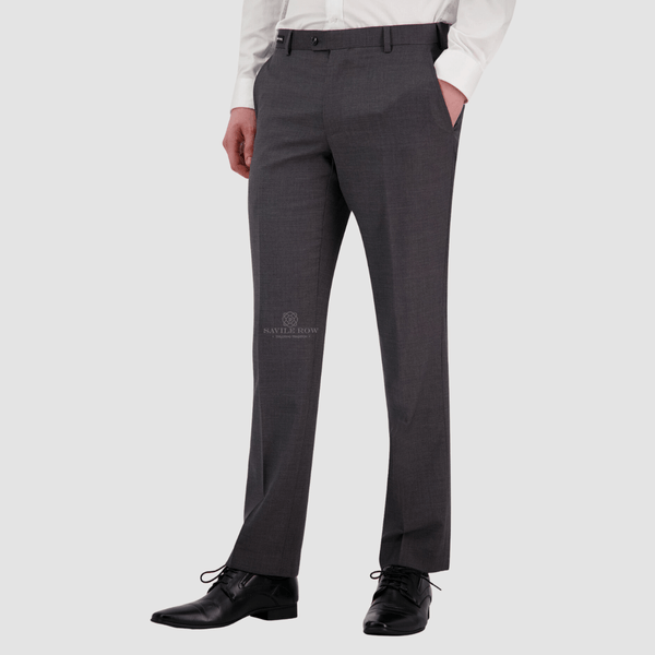 mens classic fit suit trouser in a medium grey shade with a white shirt and black leather dress shoes