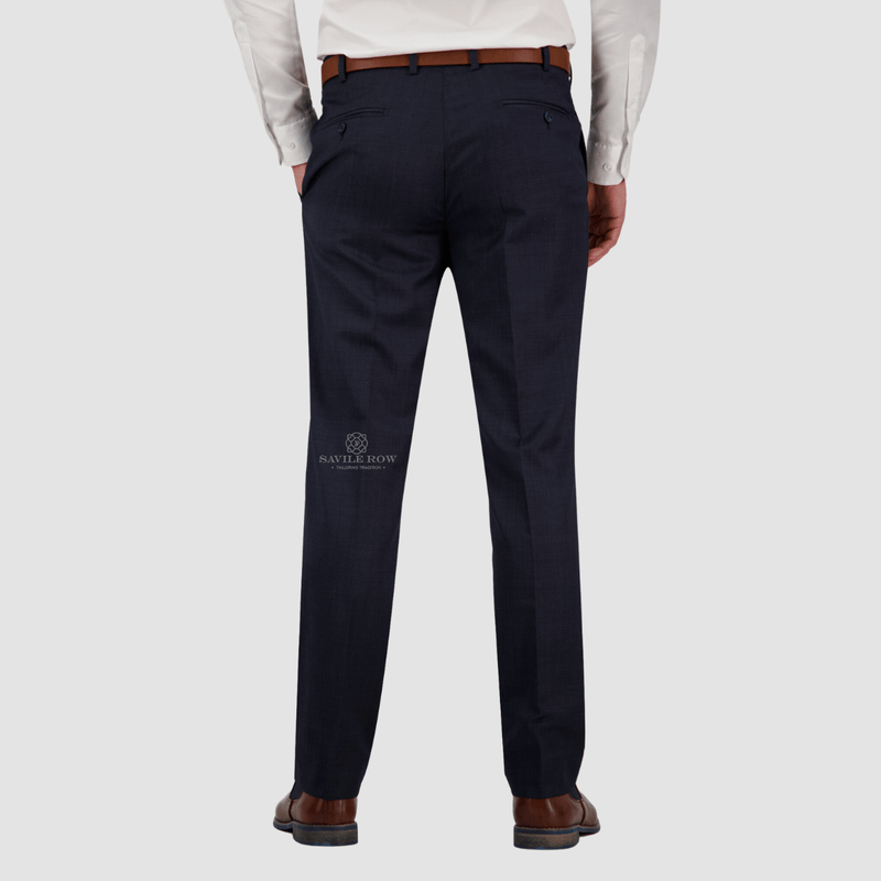 the back of the savile row mens noah suit trouser in a dark navy wool