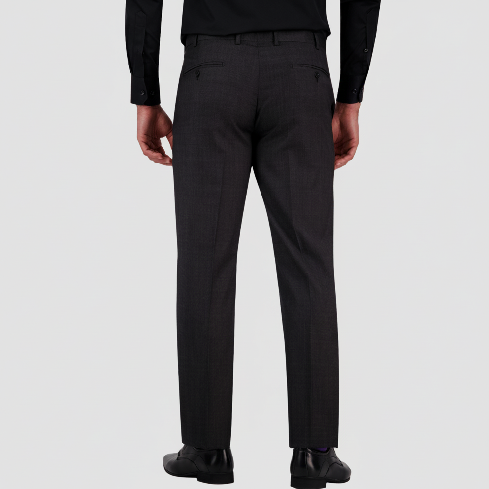 Classic fit charcoal textured wool trouser by Savile Row with black leather shoes.