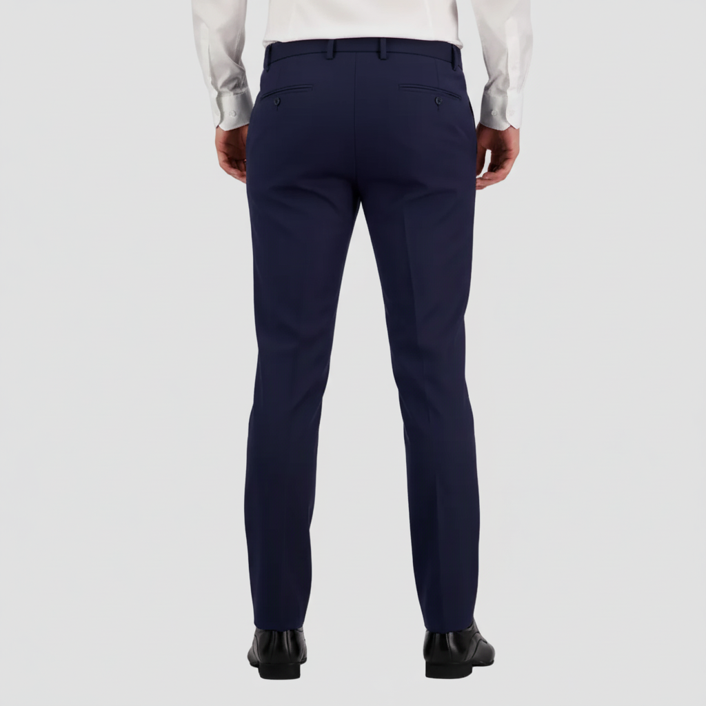 Marine blue dress pants by Savile Row with a white shirt and black leather shoes.