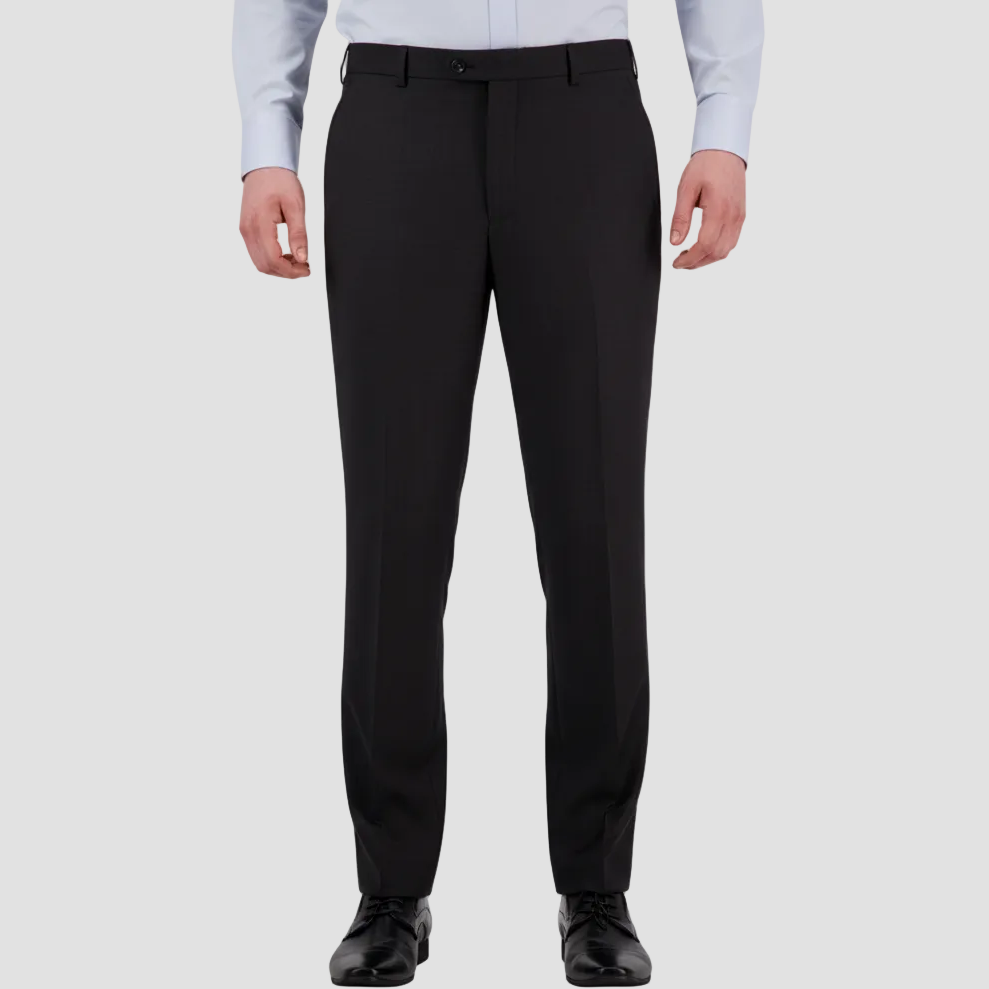 Classic fit charcoal travel‑finish wool trouser by Savile Row with black leather shoes.