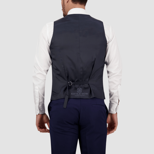 the back of the mens navy blue saul vest 