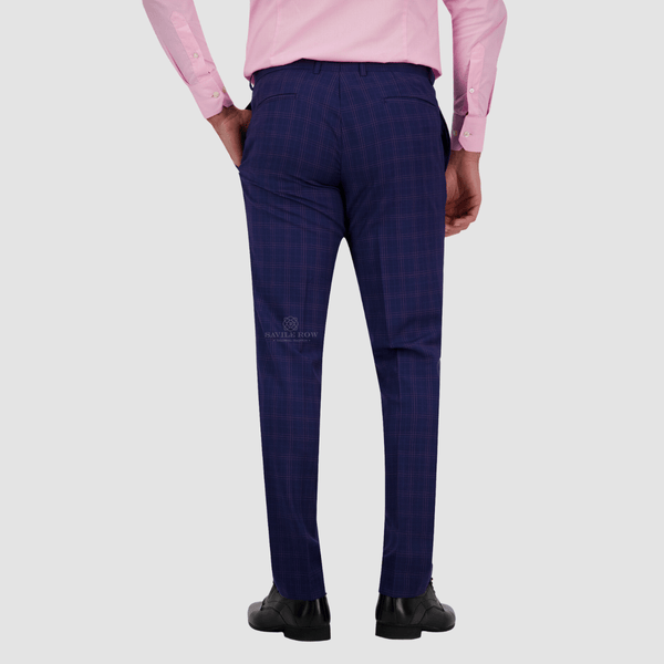 the back of the mens tapered fit navy blue suit pant in azure blue 