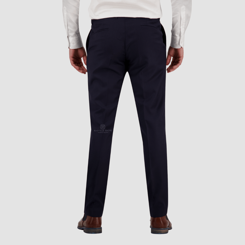 the back of the mens tailored fit navy blue trouser 