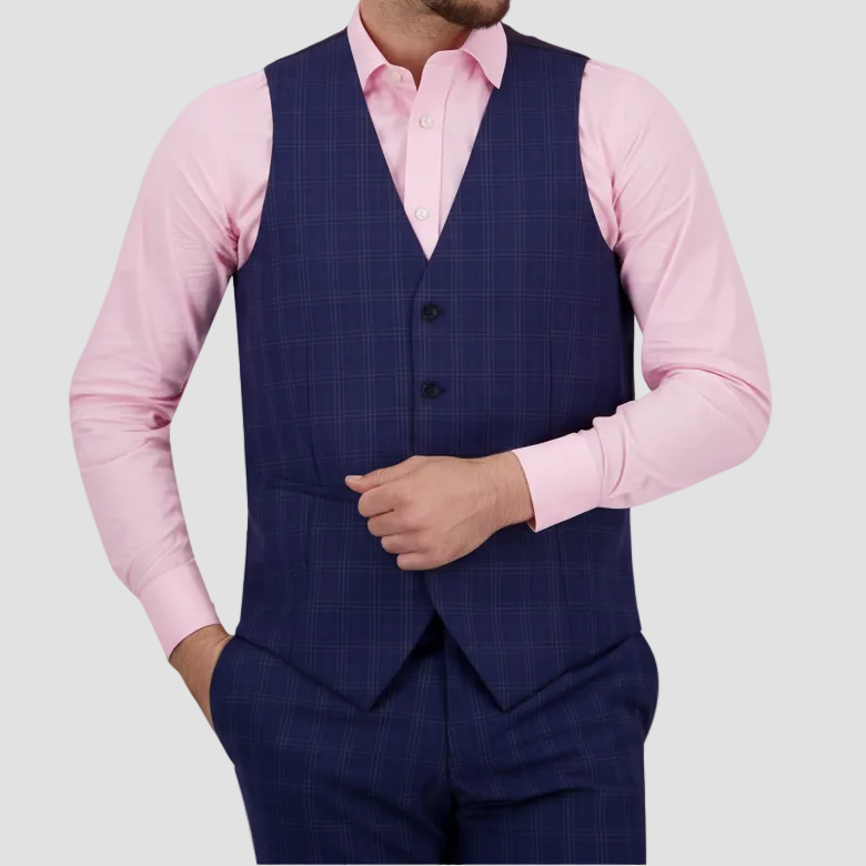 Azure blue patterned vest by Savile Row over a pink shirt 