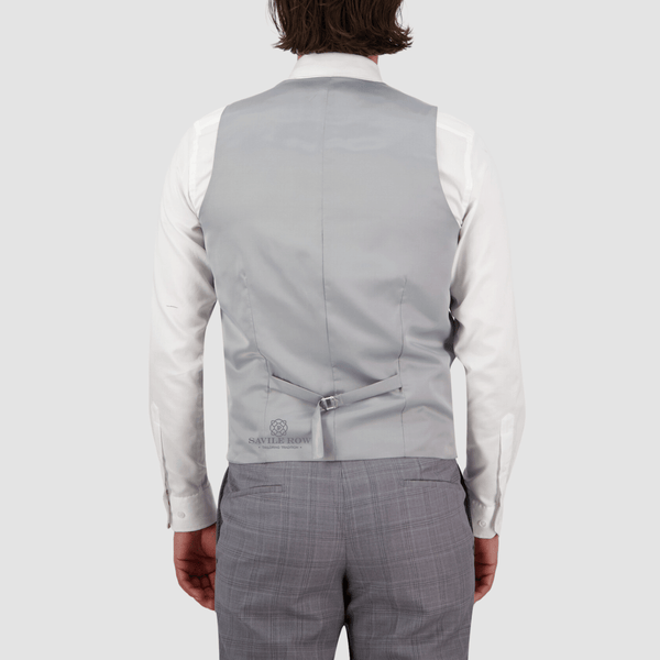 the back of the silver grey mens vest with a satin back and tab adjusters