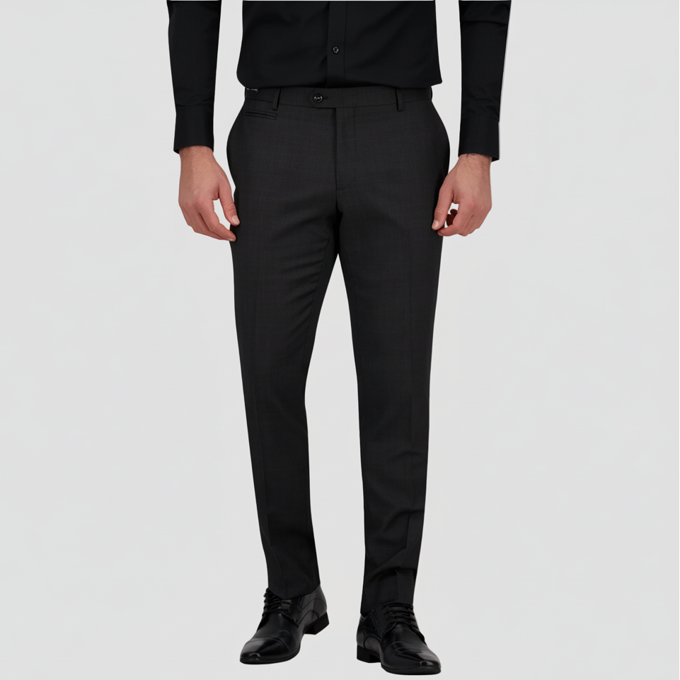 Slim fit charcoal textured Australian merino wool trouser by Savile Row with black leather shoes.