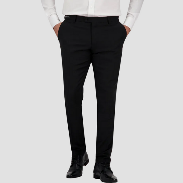 Slim fit black travel‑finish wool trouser by Savile Row, cut from Super 110’s Merino for ease and polish.