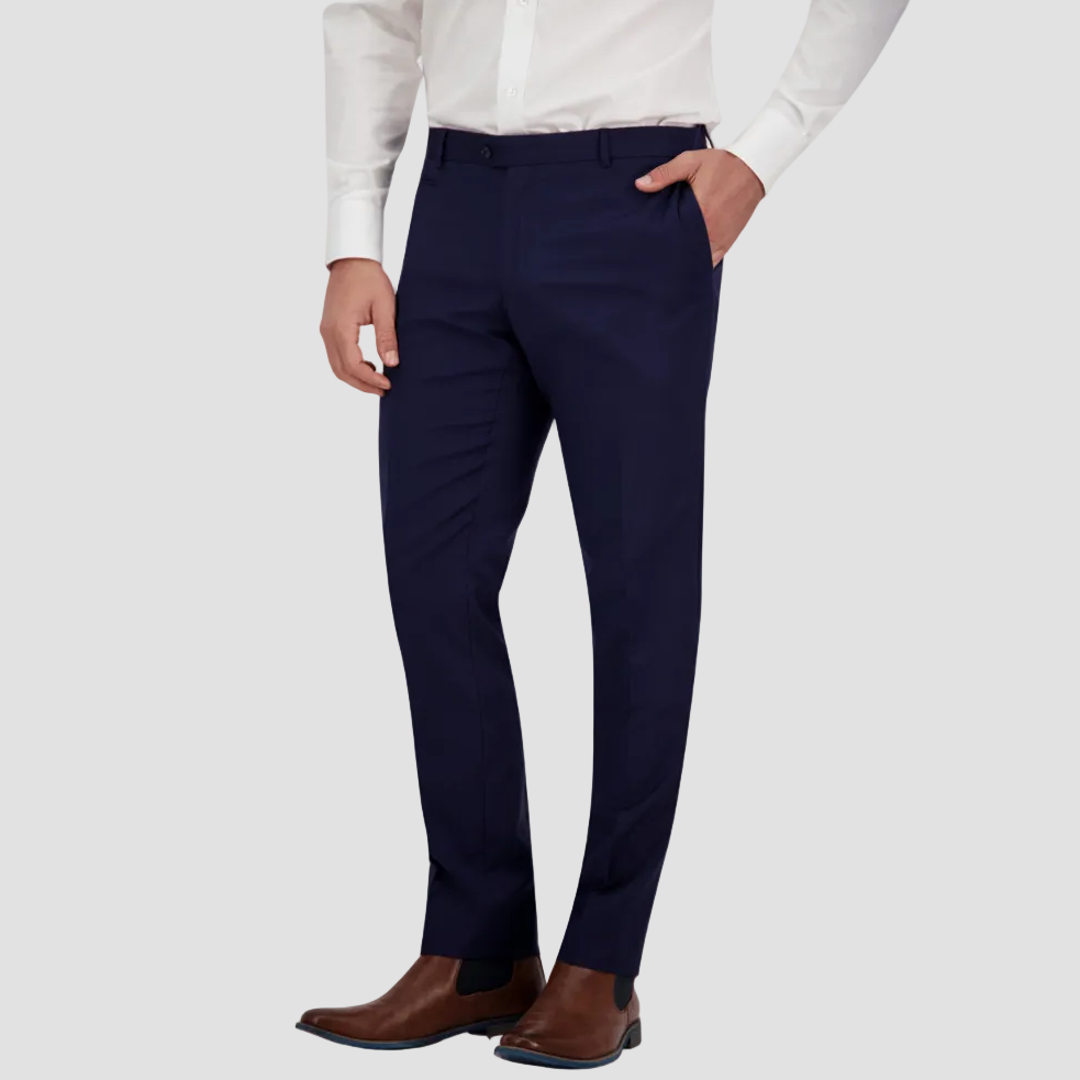Navy blue dress pants by Savile Row with a white shirt and brown leather shoes.