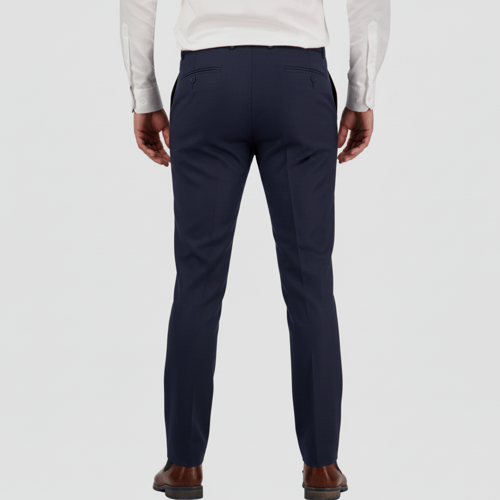 Slim fit navy travel‑finish wool trouser by Savile Row, tailored in Super 110’s Merino for comfort and sharpness. 