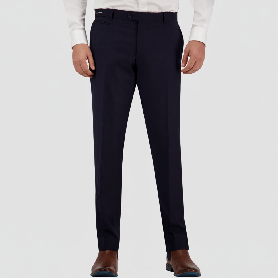 Slim fit navy travel‑finish wool trouser by Savile Row, tailored in Super 110’s Merino for comfort and sharpness. 