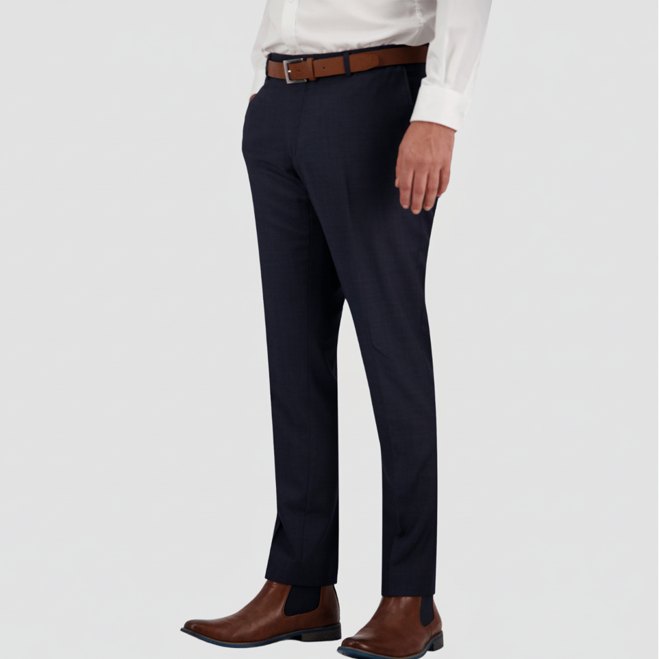 Slim fit navy travel‑finish wool trouser by Savile Row, tailored in Super 110’s Merino for comfort and sharpness. 
