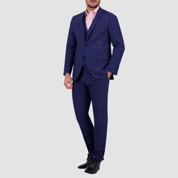navy blue mens suit with a light beige pink window check through it 