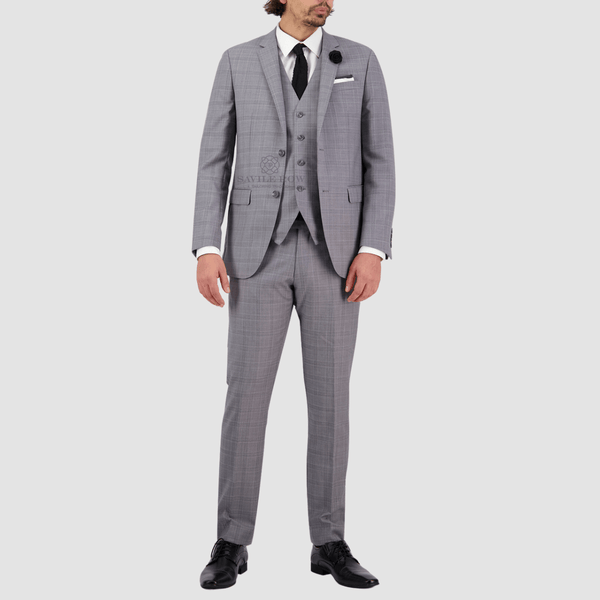 a tailored fit silver grey suit with a window pane check through it