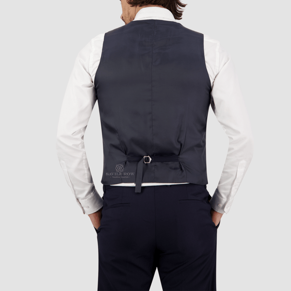 the back tab adjusters and satin backing of the saul mens vest in navy