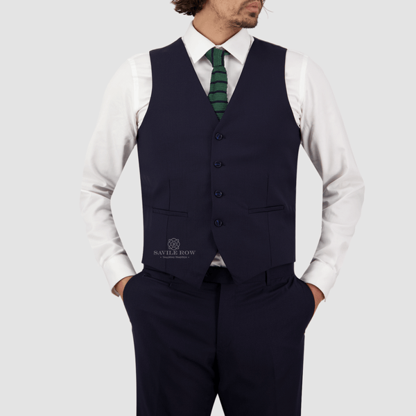 mens navy blue waistcoat with five button front in a tailored fit