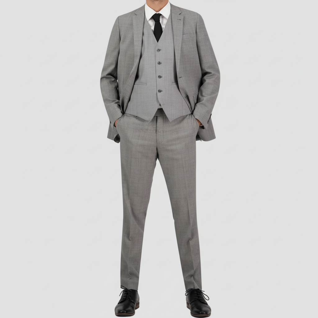 Chrome tailored suit in a refined wool blend with performance finish by Savile Row. 