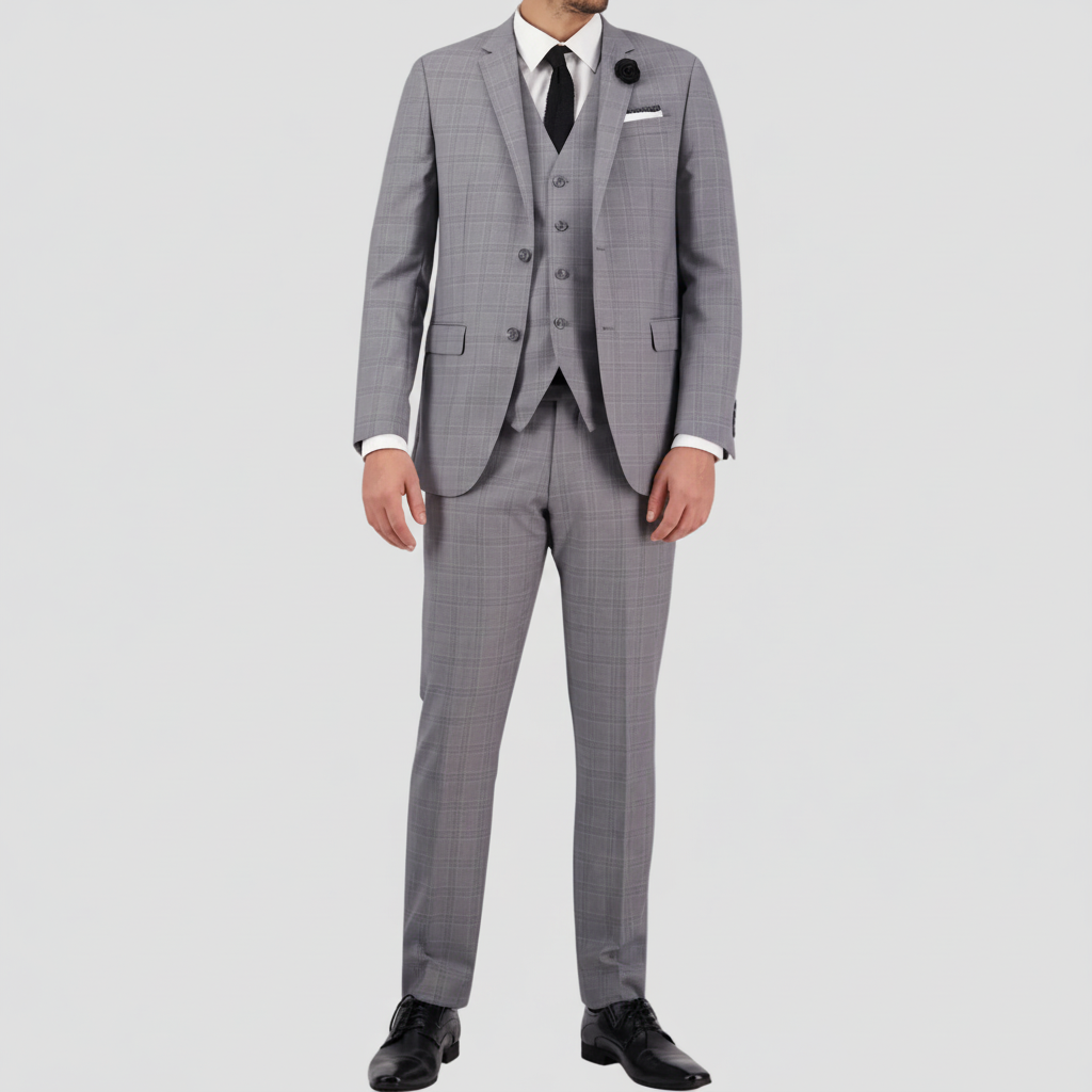 Silver tailored windowpane suit in Super 120s Merino wool by Savile Row.