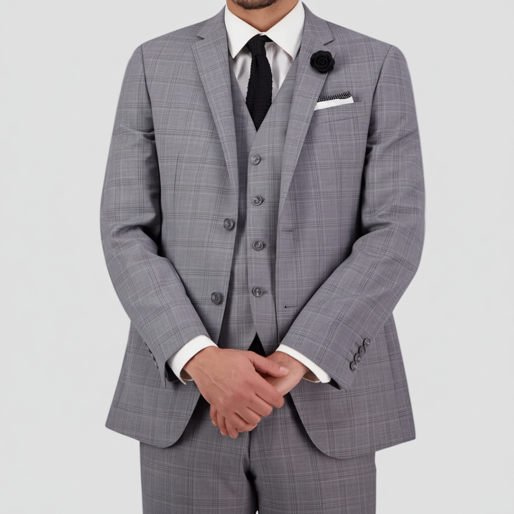 Silver tailored windowpane suit in Super 120s Merino wool by Savile Row.