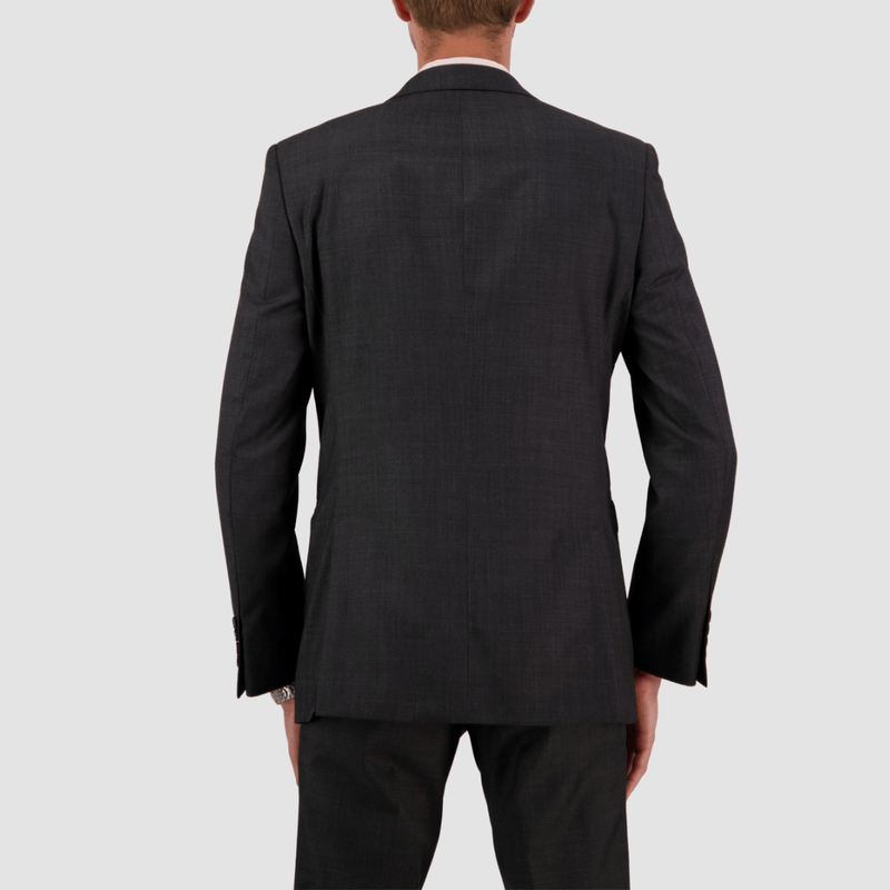 showing the tailored fit from the back of the mens abram suit jacket in charcoal grey