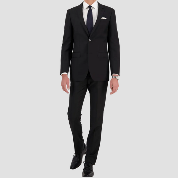 Black travel‑finish wool suit by Savile Row, tailored in Super 110’s Merino with a clean, structured fit.