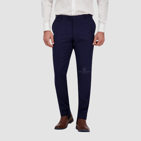 mens tailored fit navy blue trousers with a white classic shirt