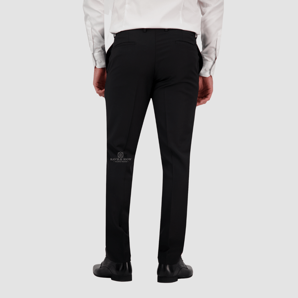 the back of the mens tailored fit black suit trouser