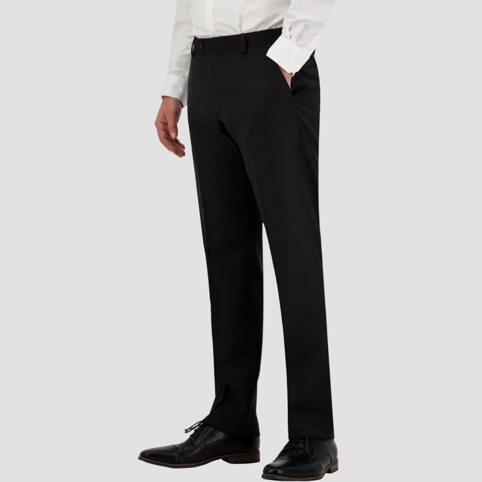 Black travel‑finish wool trouser by Savile Row in a classic fit, tailored from Super 110’s Merino. 