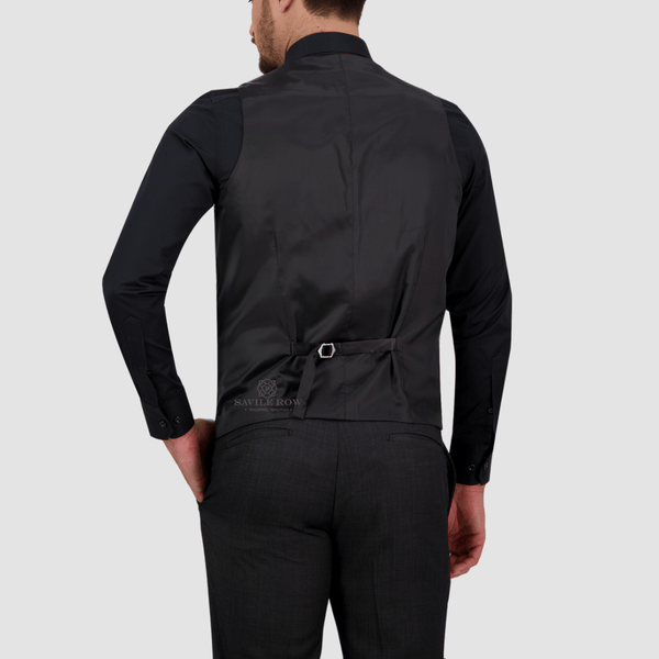the back of the mens tailored fit charcoal suit vest with tab adjusters