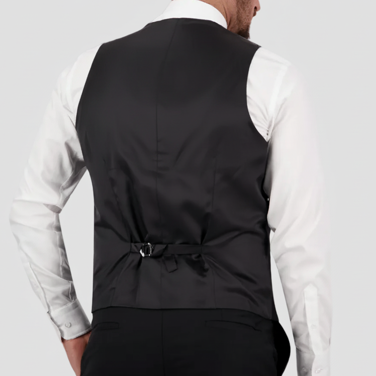 Black travel‑finish wool vest by Savile Row, tailored in Super 110’s Merino with a satin back.