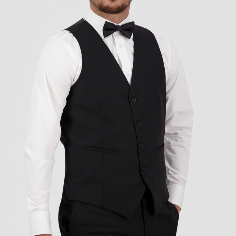 Black travel‑finish wool vest by Savile Row, tailored in Super 110’s Merino with a satin back.