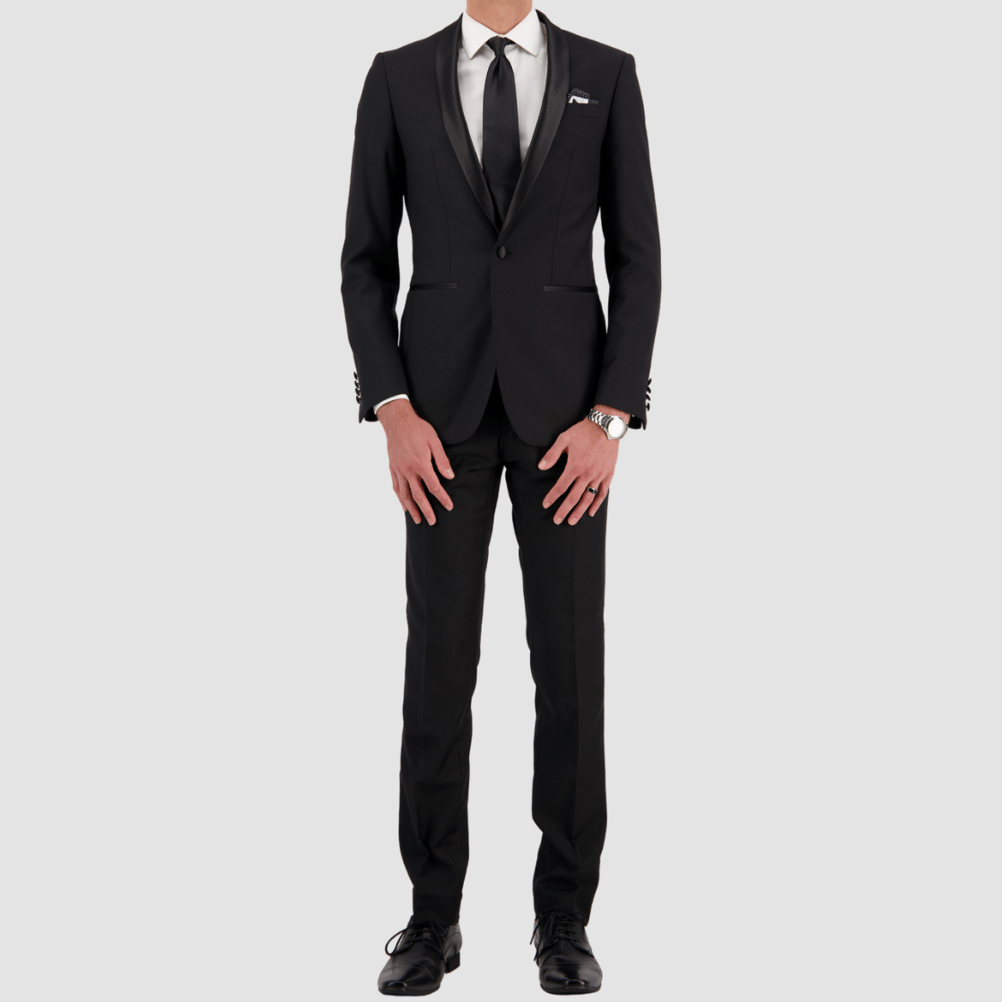 Mens slim fit black tuxedo with a satin shawl lapel and matching satin neck tie by Savile Row