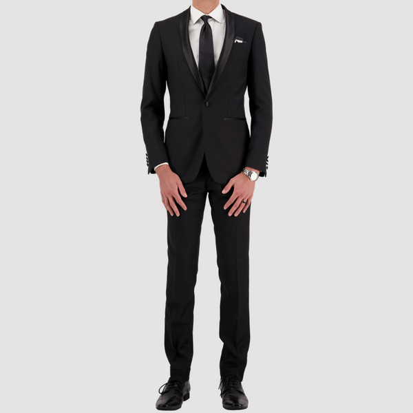Mens slim fit black tuxedo with a satin shawl lapel and matching satin neck tie by Savile Row