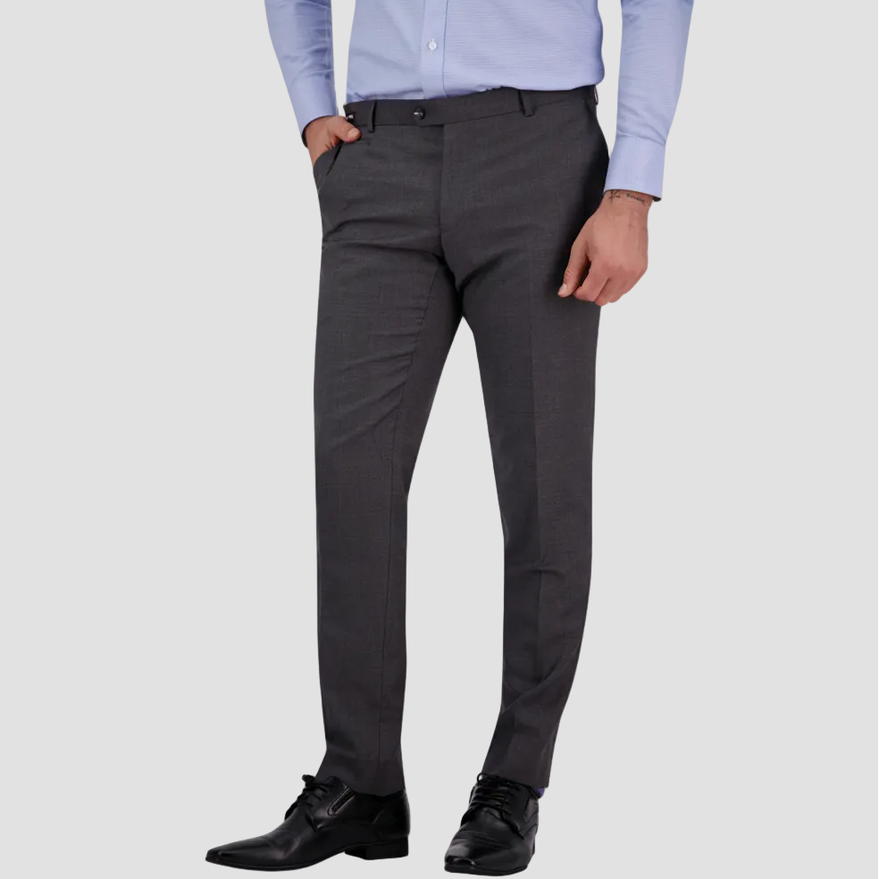 Savile Row’s slim fit grey travel‑finish trouser, crafted in Super 110’s Merino.