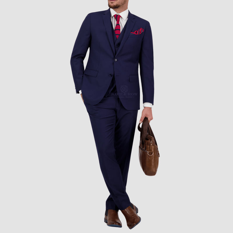 mens navy blue pure wool suit with white shirt and red tie