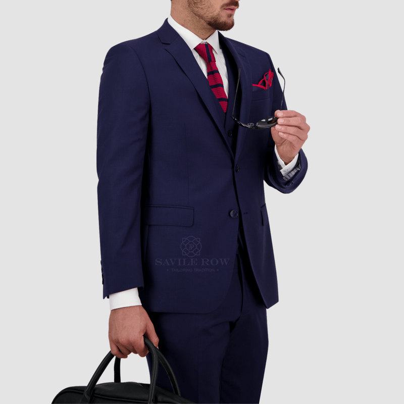 mens navy blue suit with a white shirt and red and navy striped tie