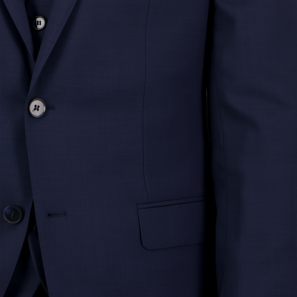 A navy tailored wool‑blend suit with performance finish by Savile Row. 
