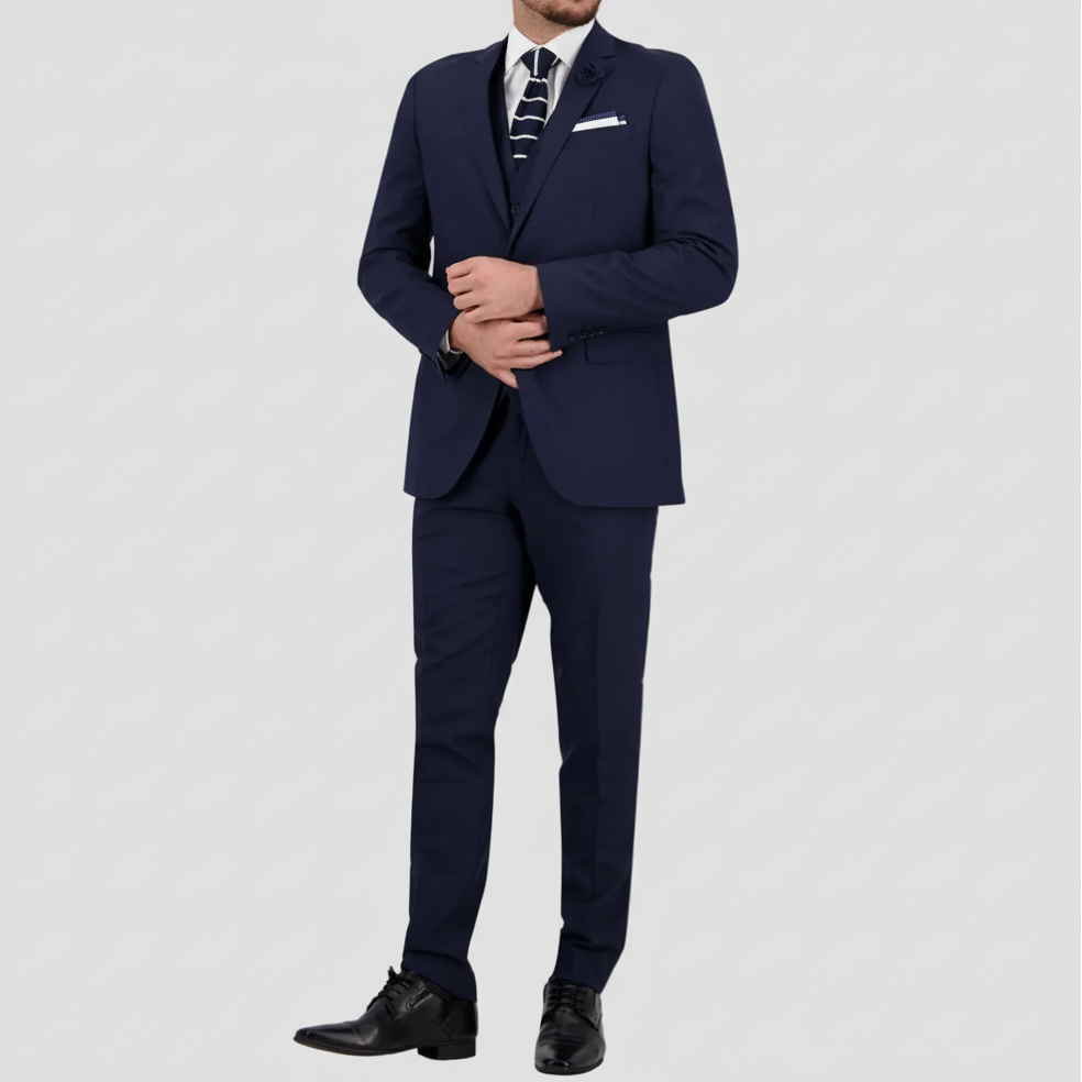 A navy tailored wool‑blend suit with performance finish by Savile Row. 