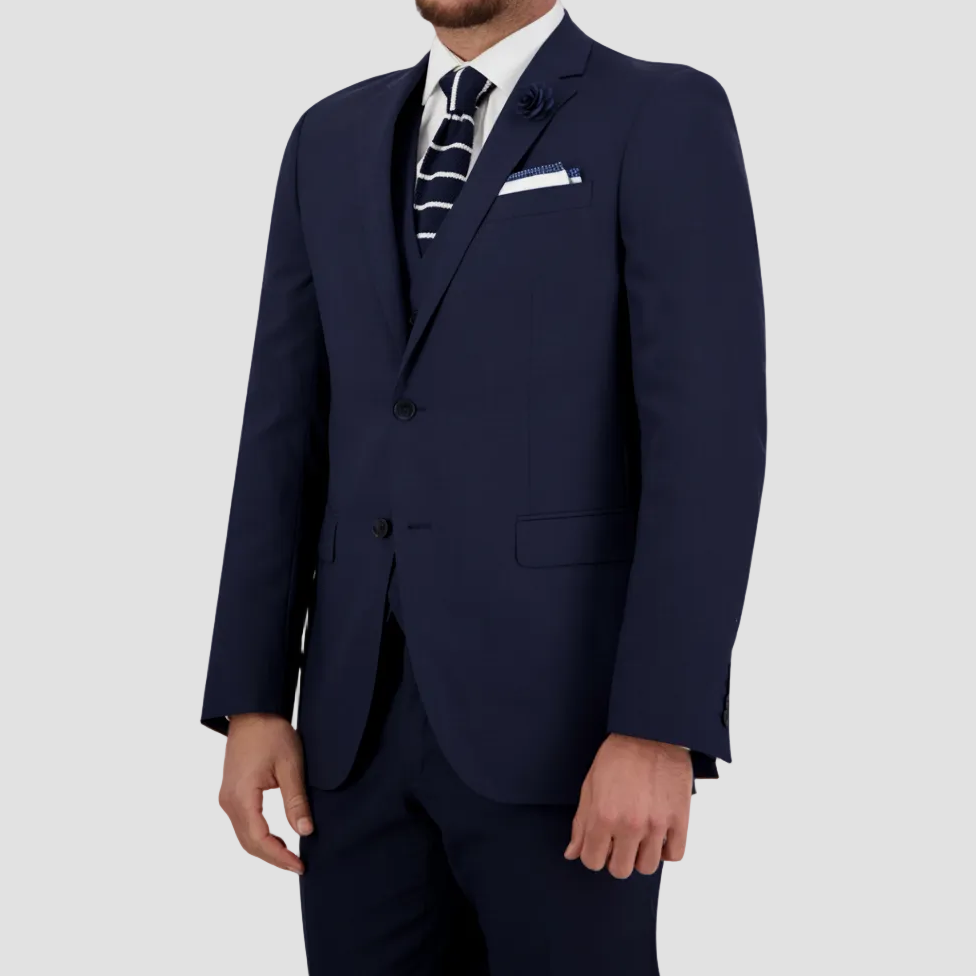 A navy tailored wool‑blend suit with performance finish by Savile Row. 