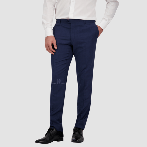 mens tailored fit navy blue suit trouser with a black leather show and white mens shirt