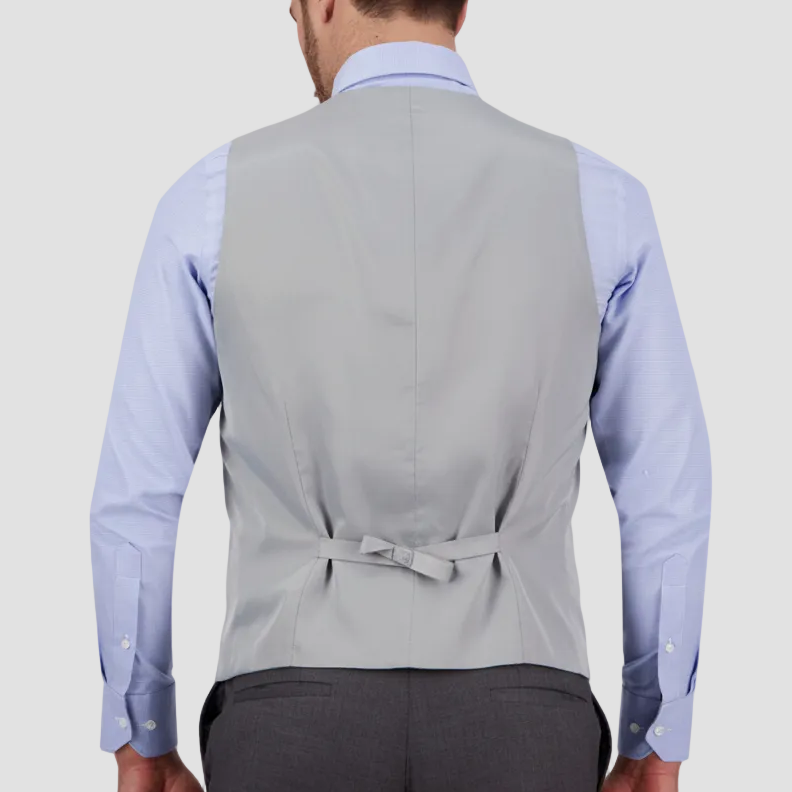 Savile Row’s tailored grey travel‑finish vest in Super 110’s Merino, finished with a satin back. 
