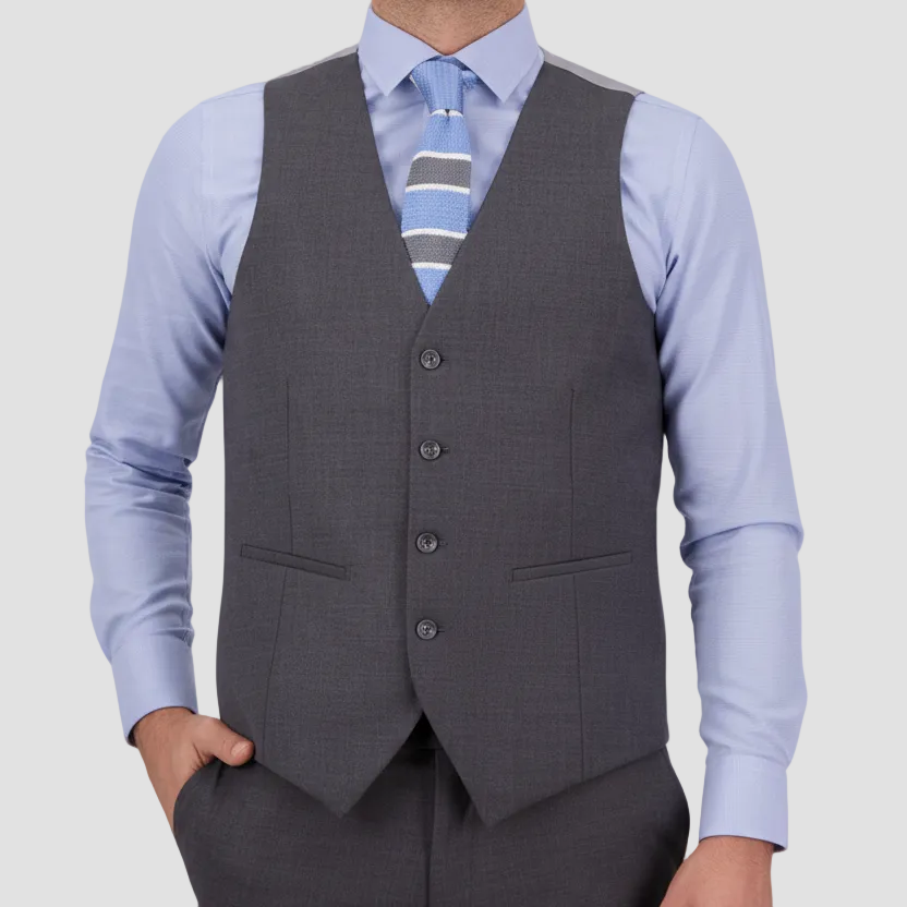 Savile Row’s tailored grey travel‑finish vest in Super 110’s Merino, finished with a satin back. 