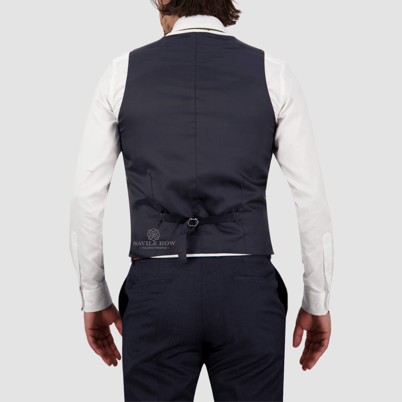 the back of the mens saul suit vest in navy blue